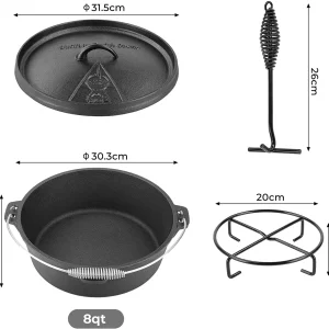 Dutch Oven with Lid Lifter Support and Screw Handle Cast Iron Pot for Outdoor and Indoor Cooking Baking 7.5 L