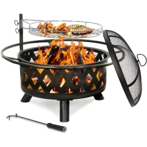 2 in 1 Fire Pit with Grill for Outside. Round 30 Inch Wood Firepit with Large Steel Swivel Cooking Grate