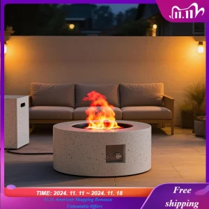 30" Round Propane Fire Pit Table - 50K BTU with Lid, Rocks Tank Storage and Cover