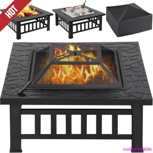 Multifunctional Fire Pit Table 32in Square Metal Firepit Stove Backyard Patio Garden Fireplace
