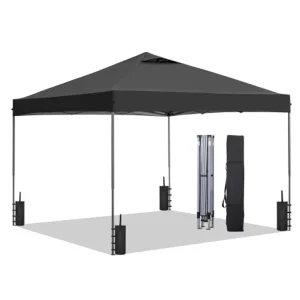 10'x10' Pop Up Canopy Tent for outdoor events, parties, camping and garden use; black polyester canopy with steel frame; quick-
