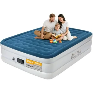 Queen air mattress with built-in pump, 16-inch portable inflatable mattress, deluxe flocking surface, gray/black, supports up t